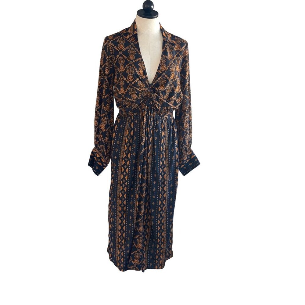 Farm Rio Womens Size Medium Printed Long-Sleeve V-Neck Tie Collared Midi Dress